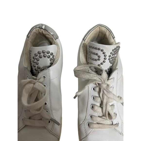 Michael Michael Kors Mindy Lace Up Leather Studded Logo White Sneakers Silver - Picture 4 of 8